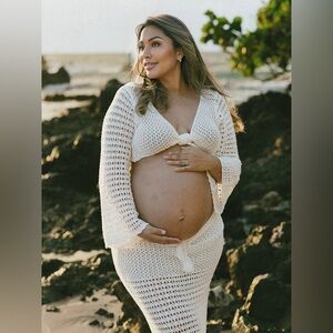Cream Crochet Two-Piece Maternity Set